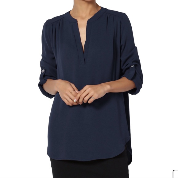 Gibson Latimer Tops - Dark Blue Vneck Utility Blouse - Gibson Latimer